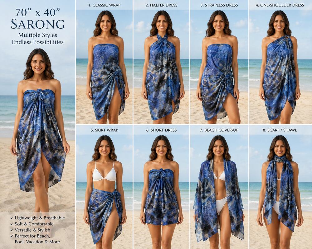 Hawaii Vintage Sarong Wrap Cover Up 70" x 40" Blue Black Multi